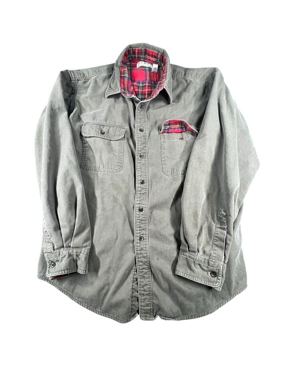 L.L.Bean Chamois Cloth Shirt Made in USA Faded Olive Flannel Lined Heritage - Picture 2 of 7